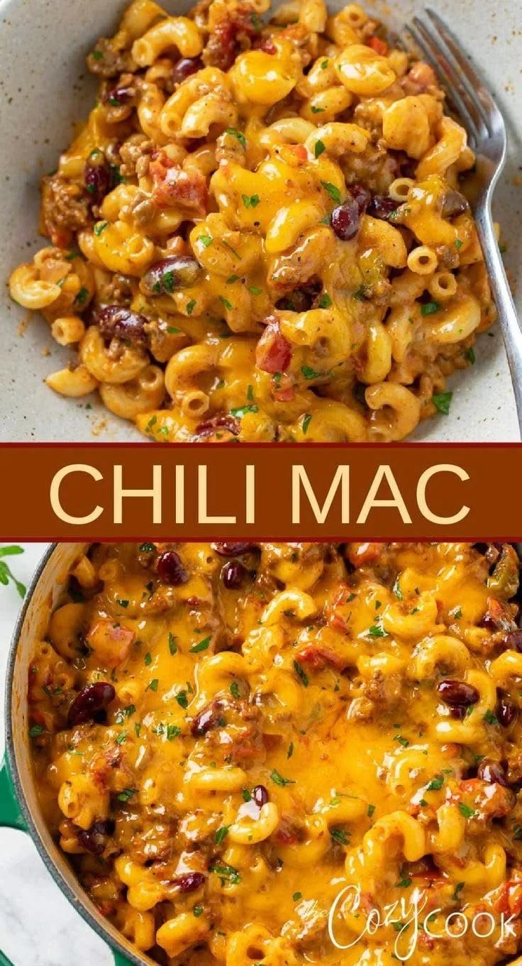 Bowl of hearty Chili Mac with cheese and spices.