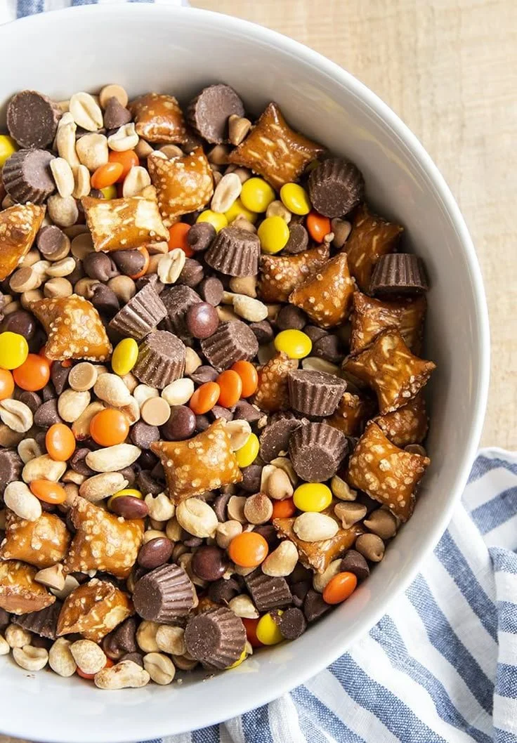 A delicious Chocolate Peanut Butter Trail Mix with nuts and chocolate pieces.