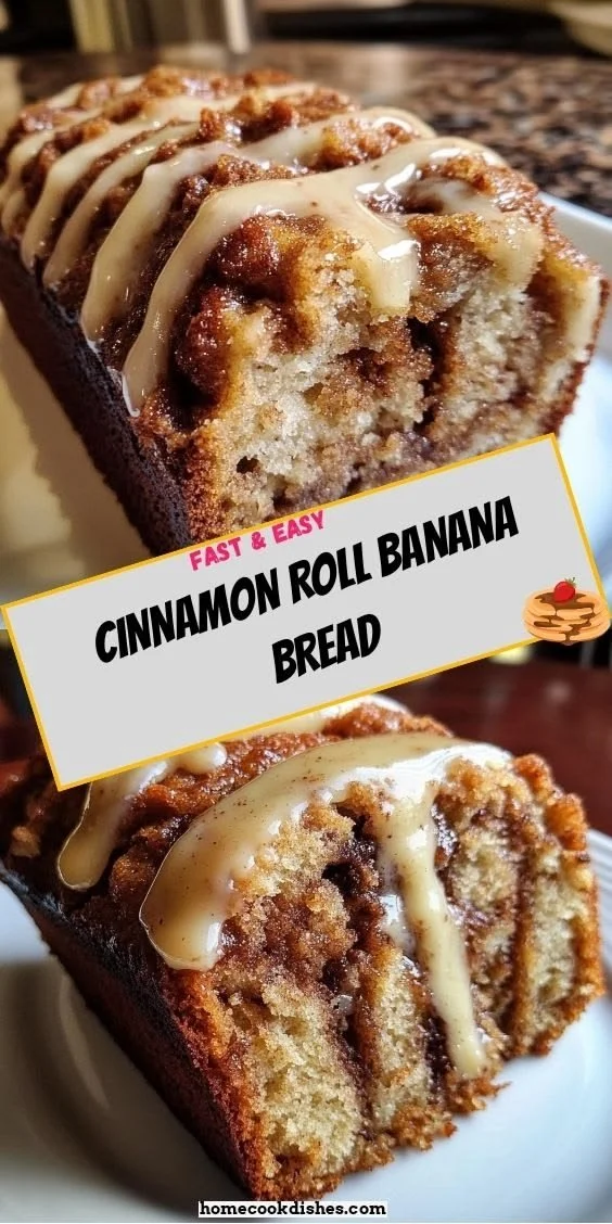 Delicious cinnamon roll banana bread topped with a cinnamon glaze