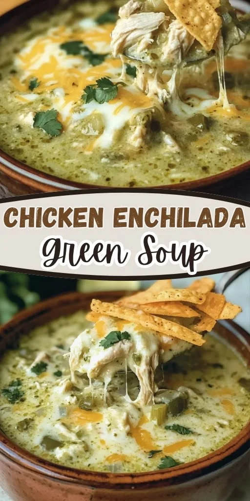 Cozy green enchiladas chicken soup in a bowl, garnished with fresh cilantro.