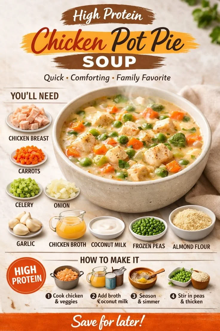 Bowl of high protein chicken pot pie soup, perfect for winter warmth