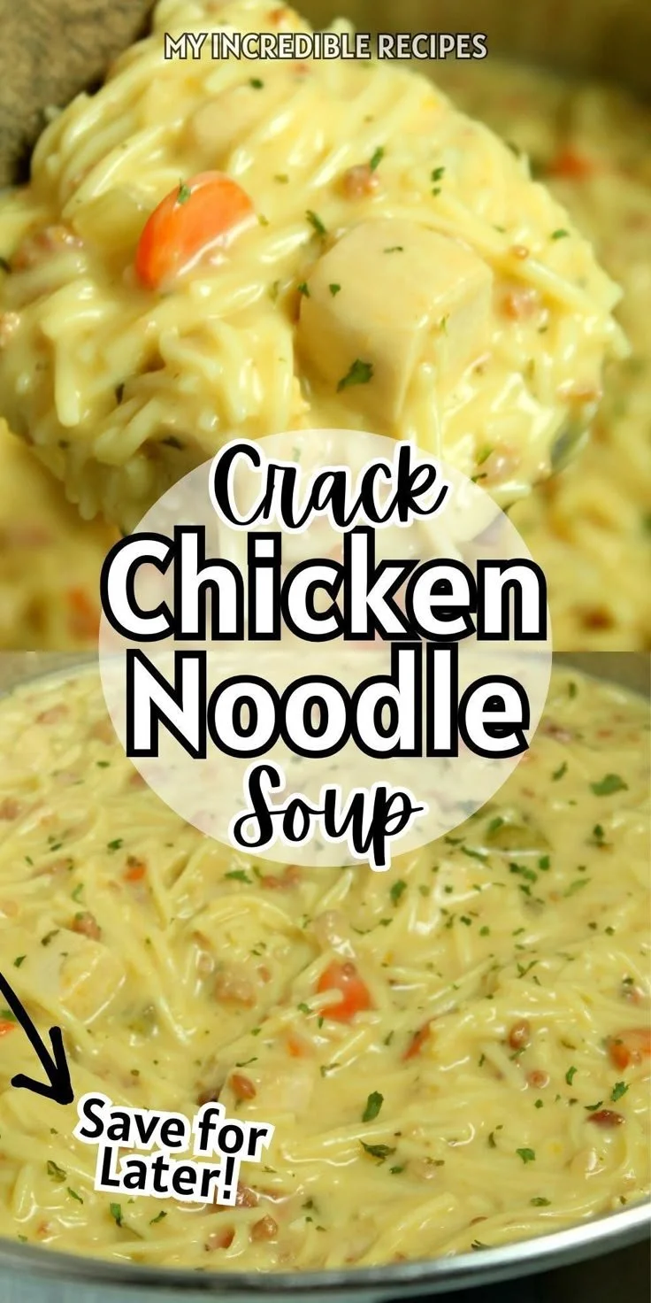 Bowl of Crack Chicken Noodle Soup with noodles, chicken, and herbs