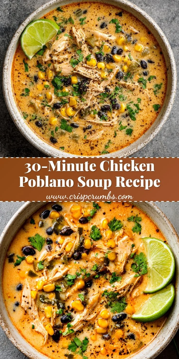 Creamy chicken poblano soup served in a bowl with toppings.