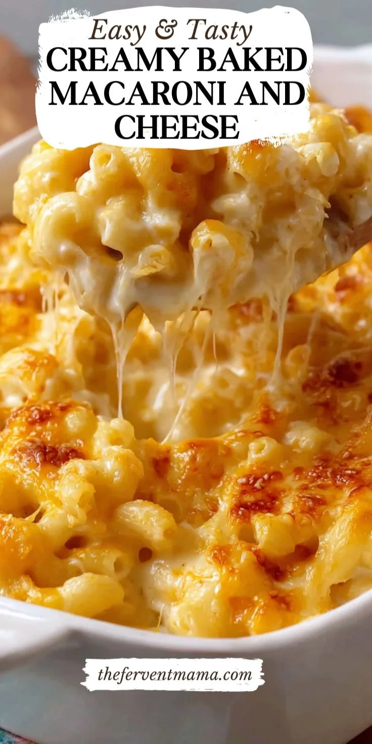 Creamy baked macaroni and cheese topped with golden breadcrumbs and melted cheese