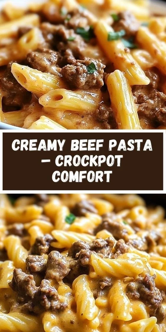 Creamy beef pasta dish made in a crockpot, representing comfort food