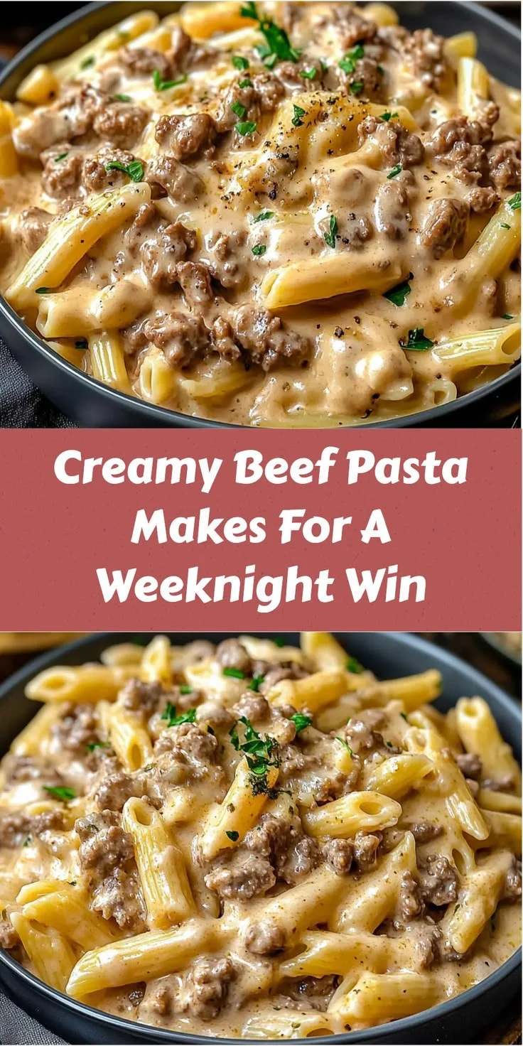Plate of creamy beef pasta topped with parsley for a delicious weeknight meal