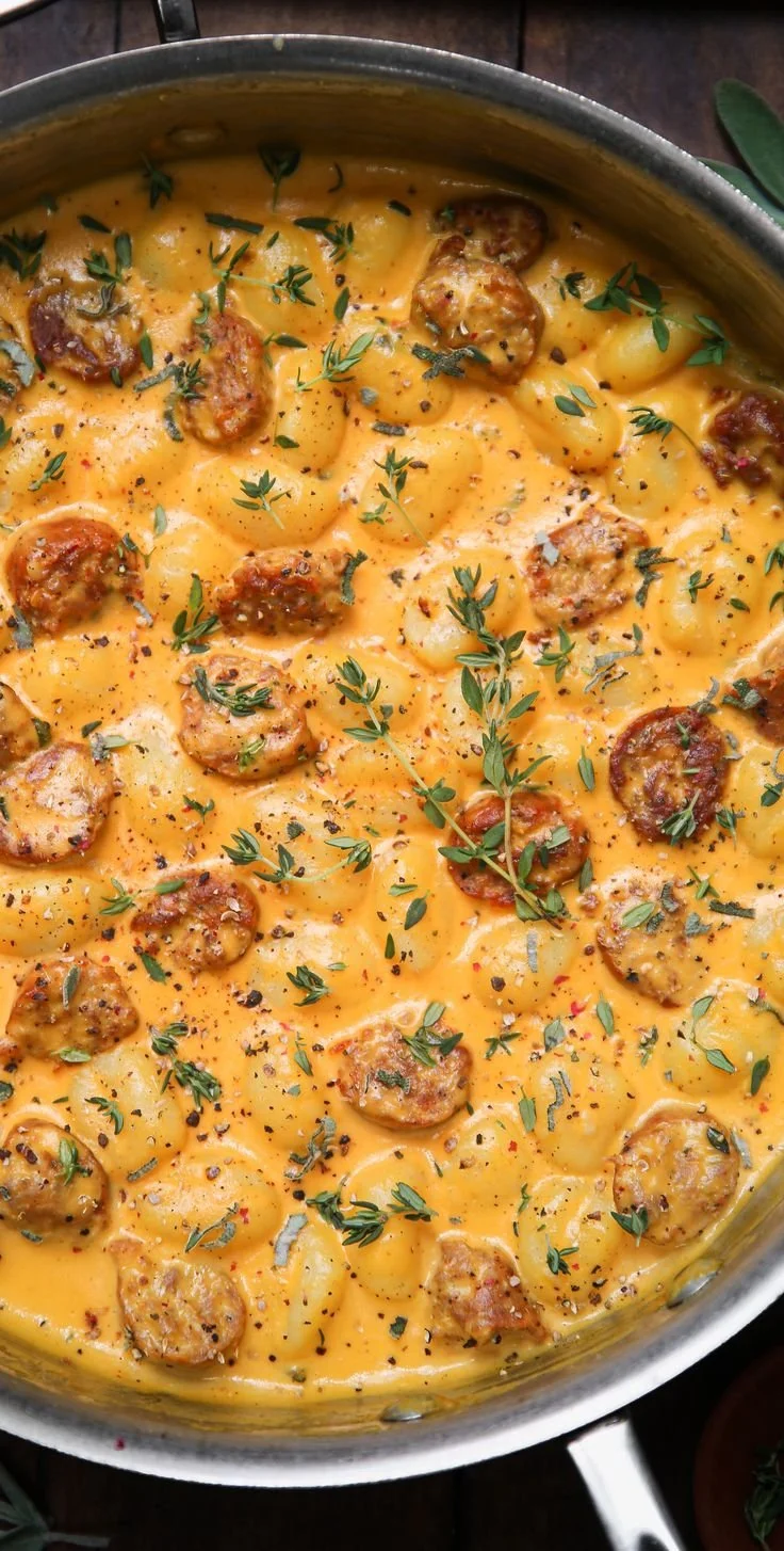 Creamy butternut squash gnocchi dish with sausage, thyme, and sage