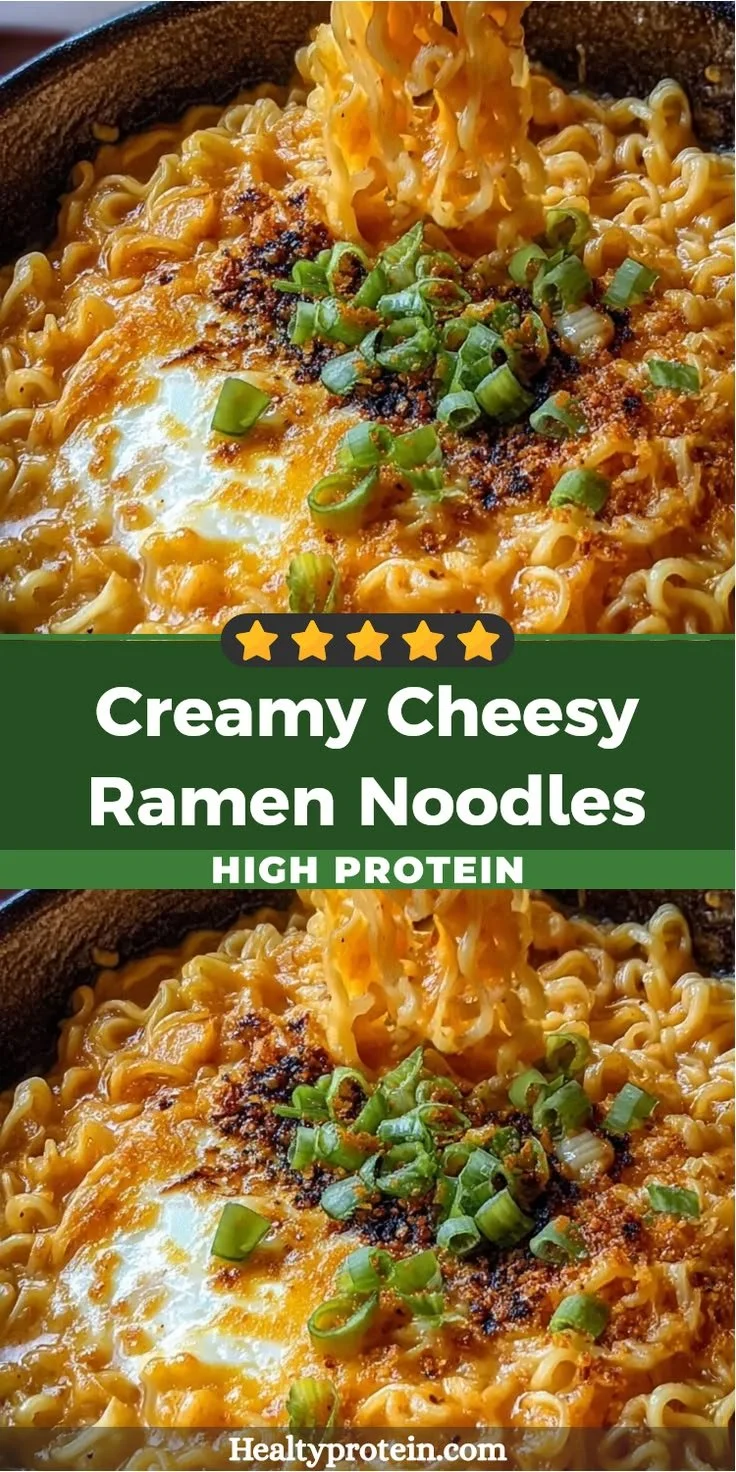 Creamy cheesy ramen noodles topped with protein for a delicious meal.