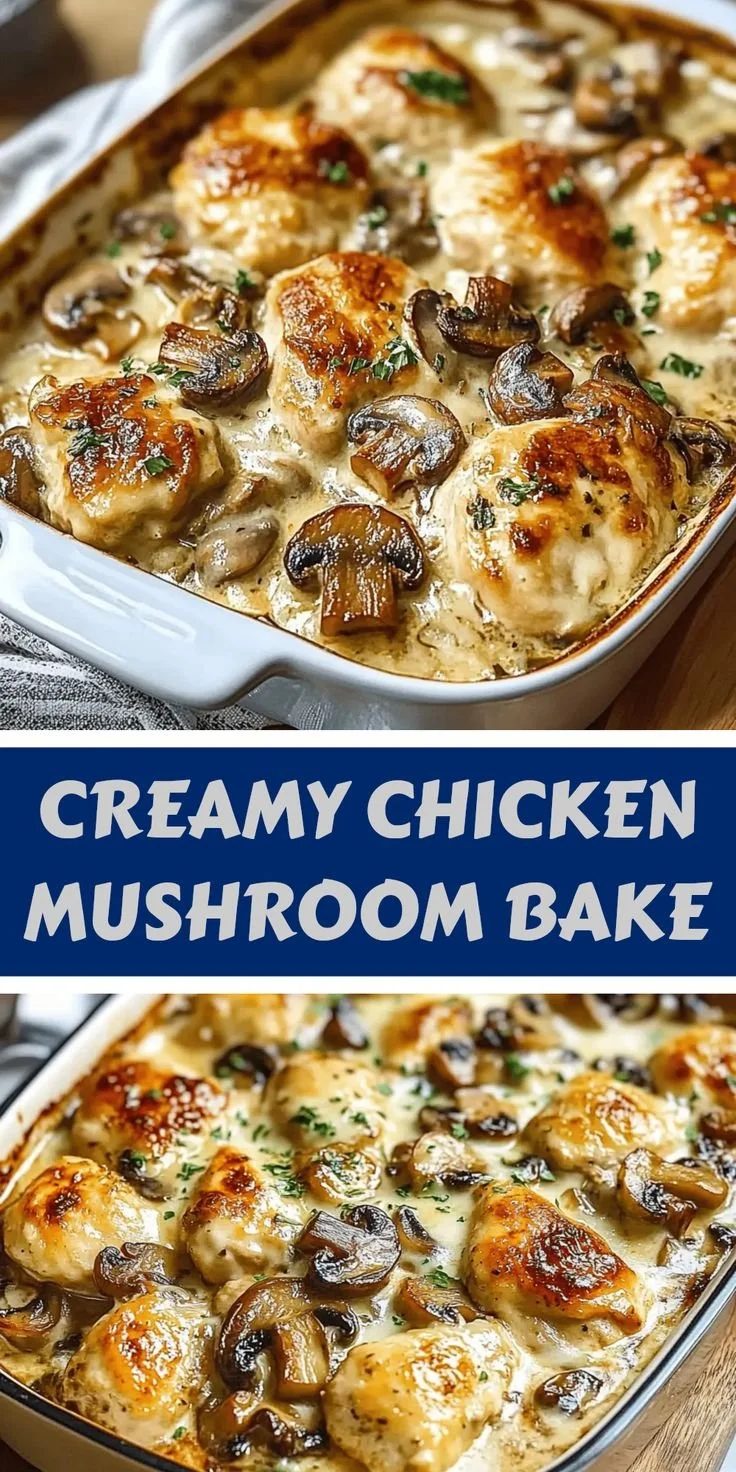 Delicious creamy chicken and mushroom bake served in a casserole dish