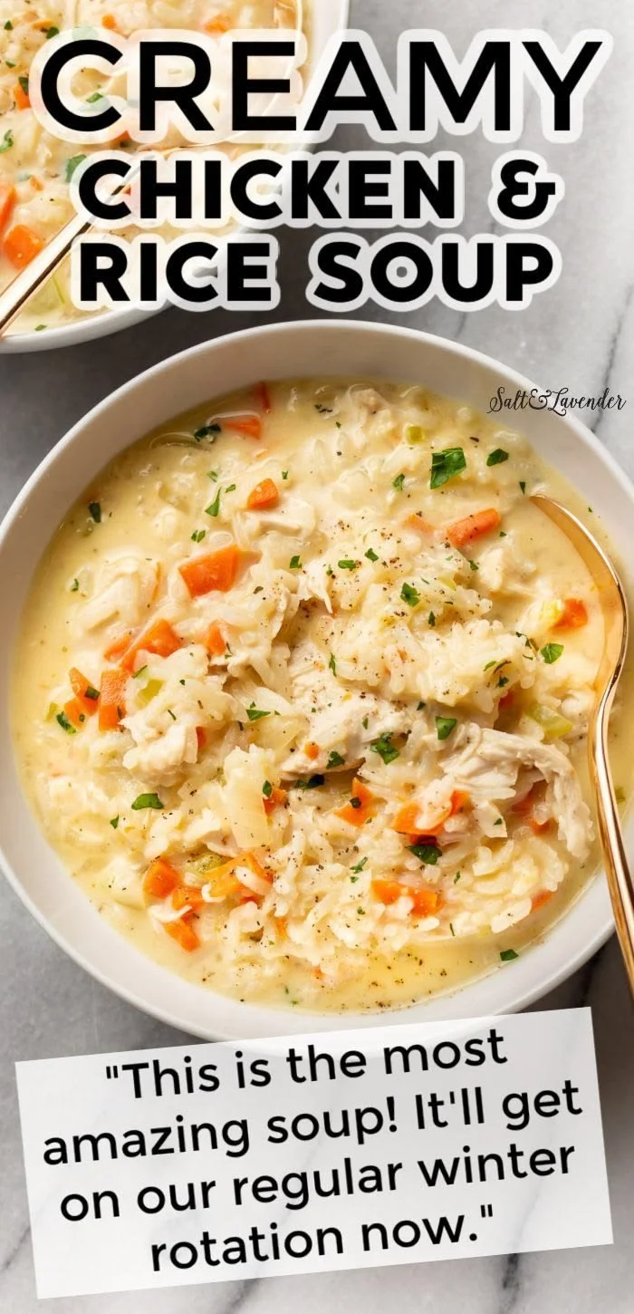 Bowl of creamy chicken rice soup topped with herbs and spices.