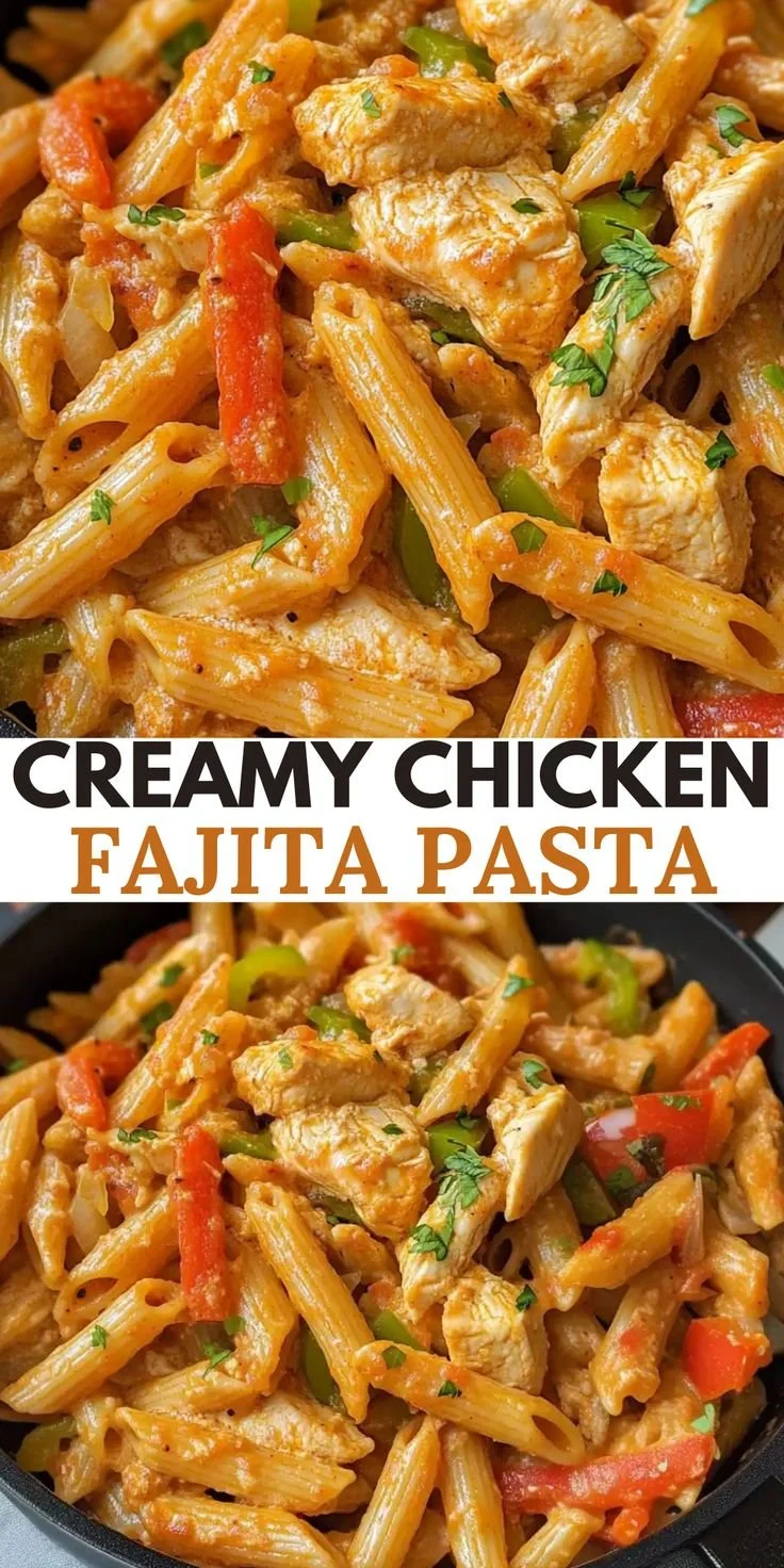 Creamy chicken fajita pasta served in a bowl with colorful vegetables.