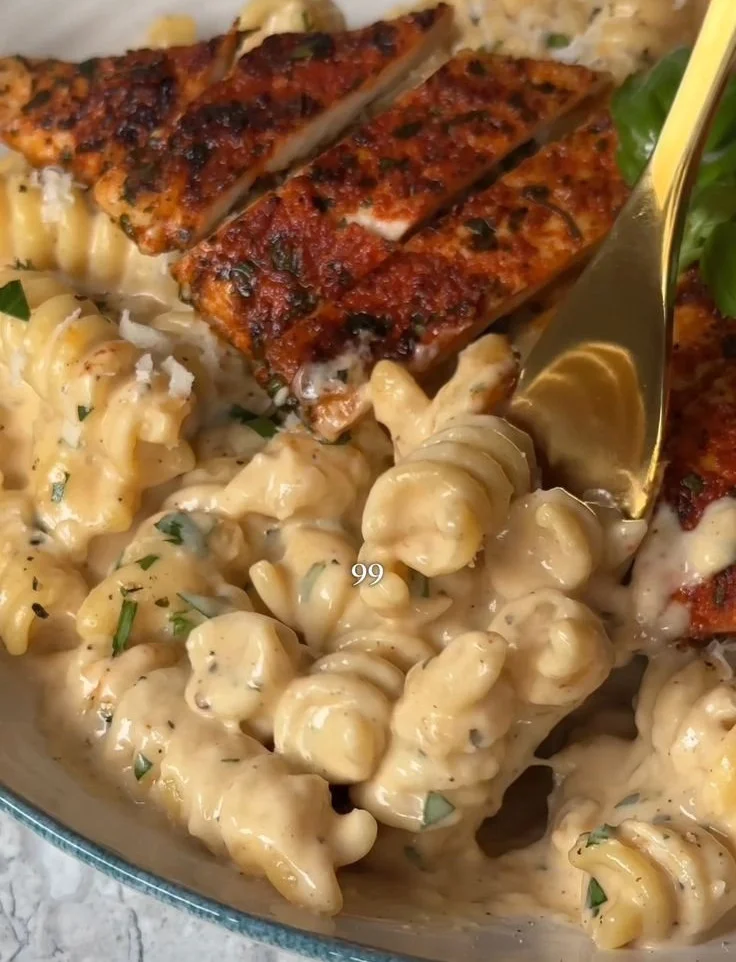 Creamy Chicken Garlic Parmesan Pasta dish garnished with herbs