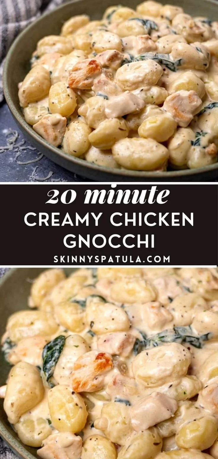 Bowl of creamy chicken gnocchi topped with herbs