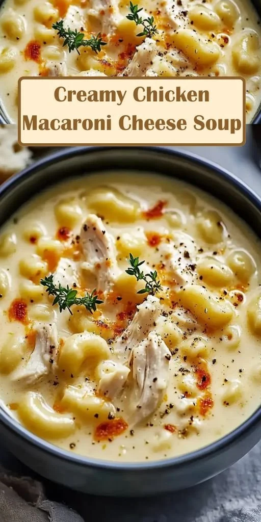 Bowl of creamy chicken mac and cheese soup garnished with herbs