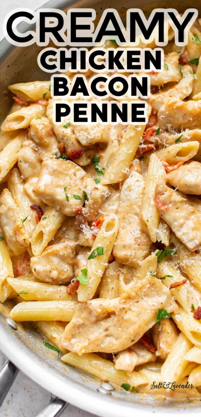 Creamy Chicken Penne Pasta served in a bowl with herbs and cheese