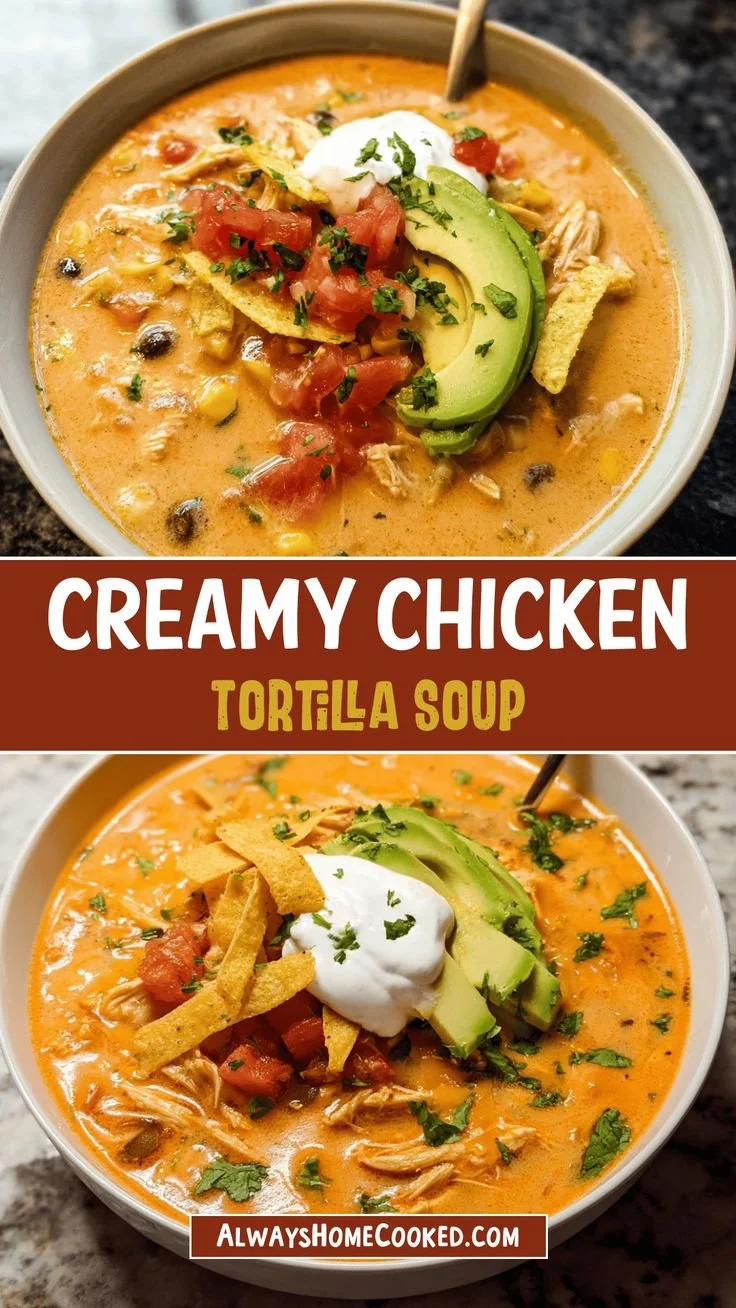 Bowl of creamy chicken tortilla soup topped with tortilla strips and avocado