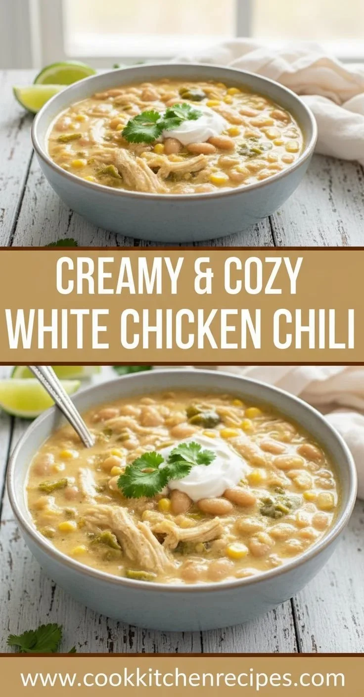Bowl of creamy white chicken chili garnished with cilantro and lime.
