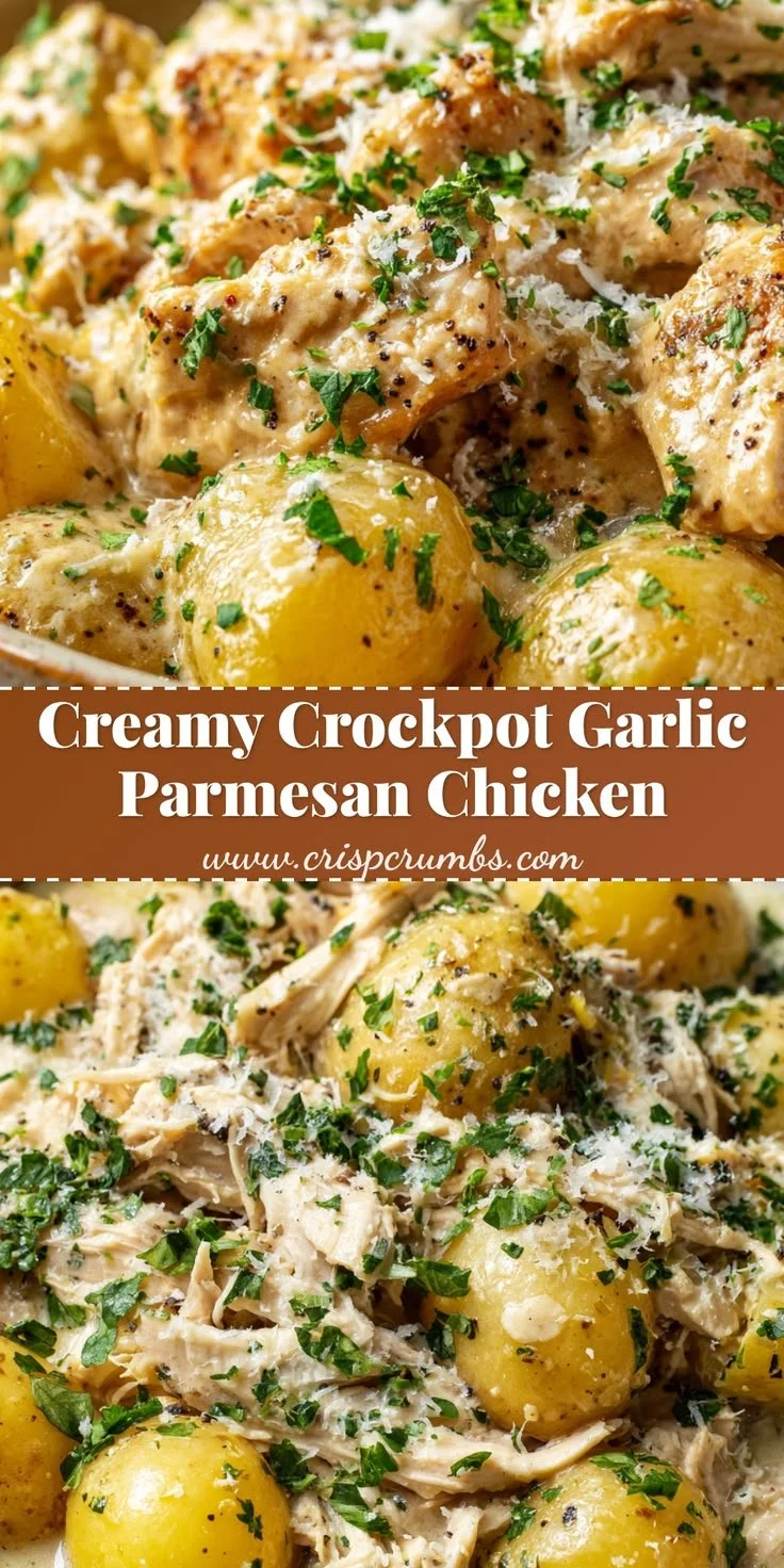 Creamy crockpot garlic parmesan chicken served with tender potatoes
