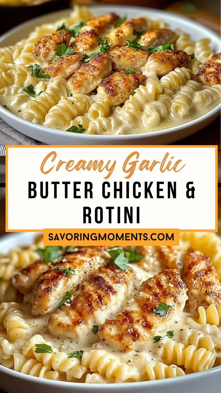 Creamy Garlic Butter Chicken with Rotini served in a bowl