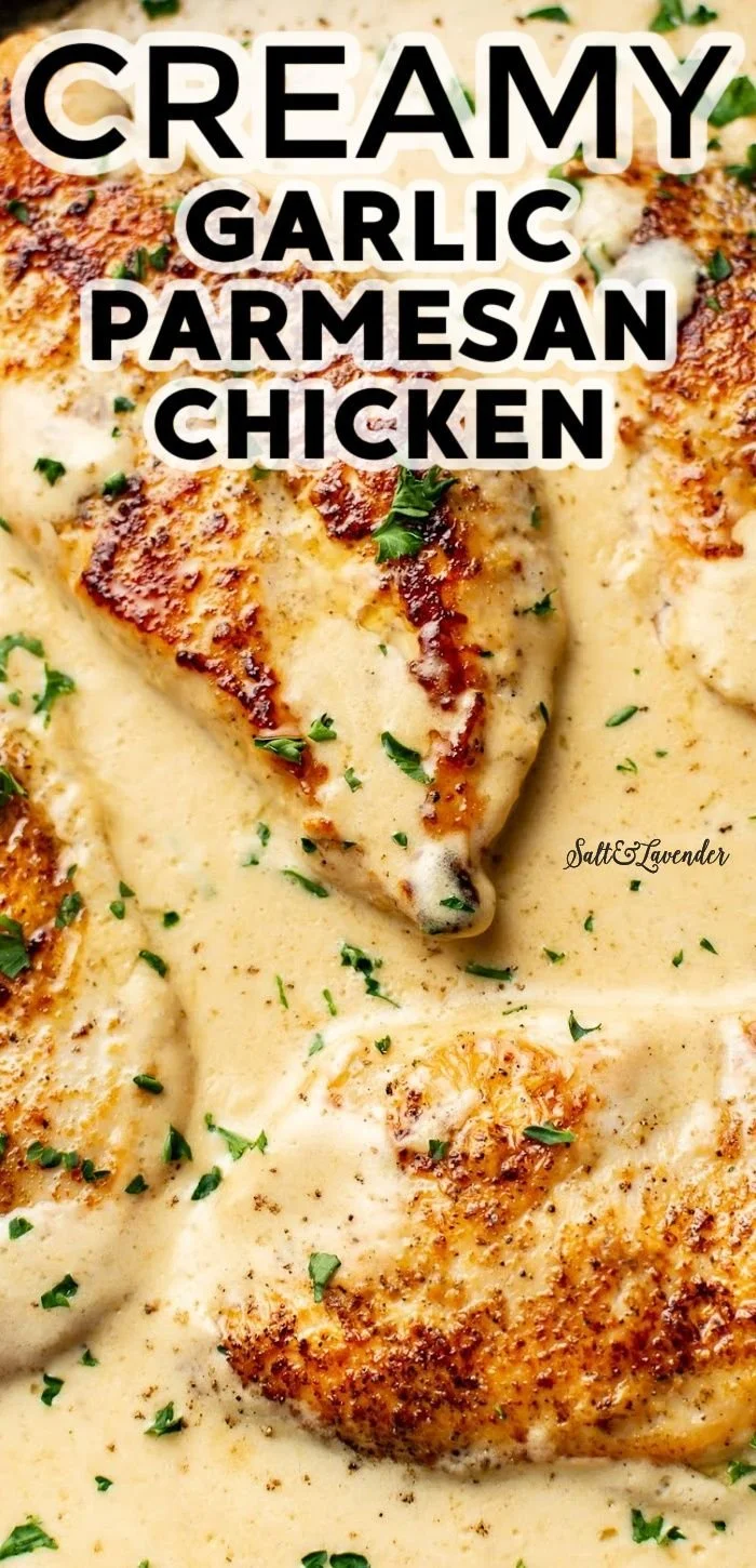 Creamy garlic parmesan chicken served with herbs