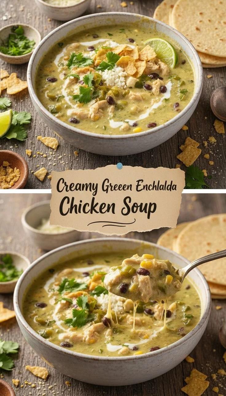 Bowl of creamy green enchilada chicken soup topped with cilantro and tortilla strips