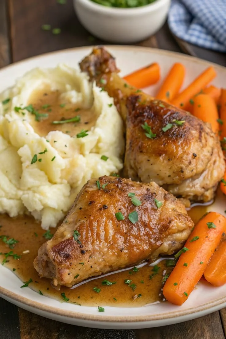 Creamy herb chicken with mashed potatoes and glazed carrots on a plate