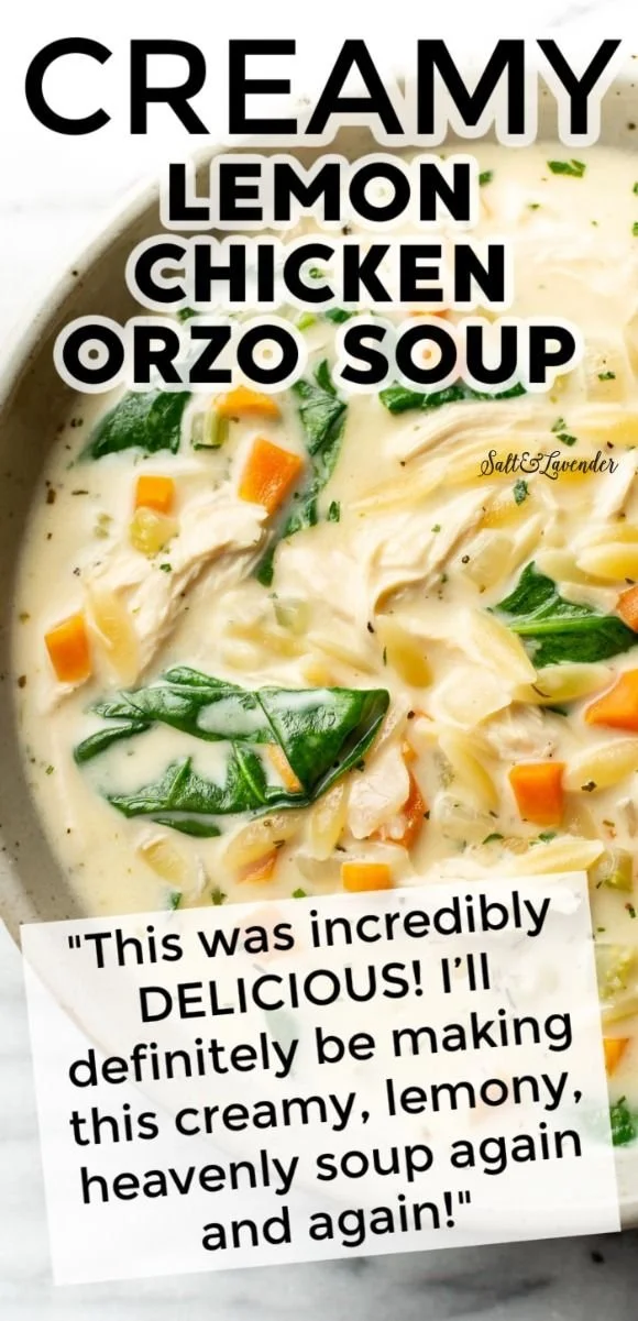 Creamy lemon chicken orzo soup in a bowl with fresh herbs