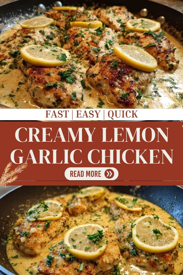 Creamy lemon garlic chicken dish cooked in a skillet for a quick meal.