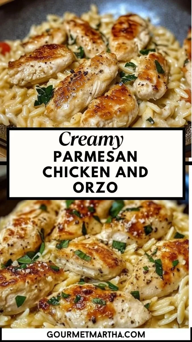 Creamy Parmesan Chicken served with Orzo on a plate