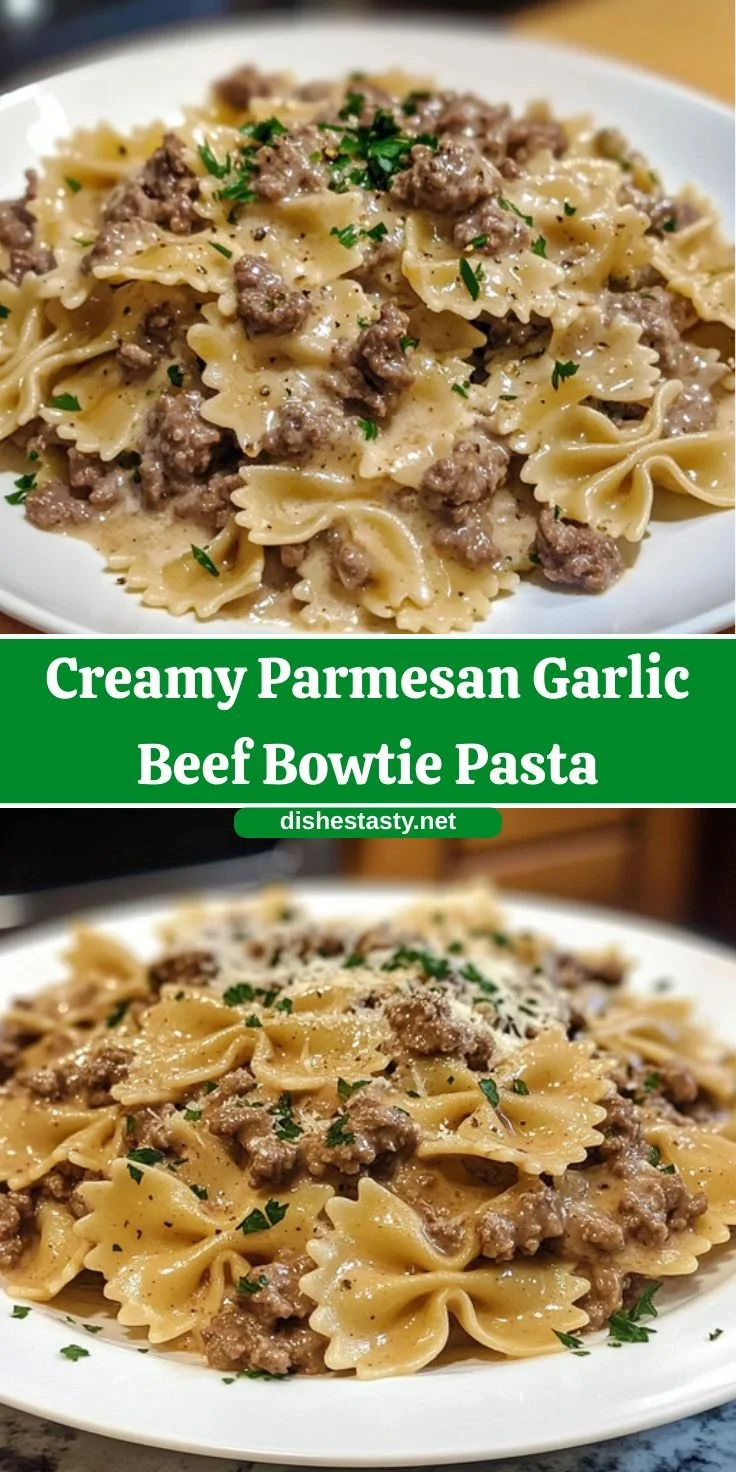 Creamy Parmesan garlic beef bowtie pasta served in a bowl