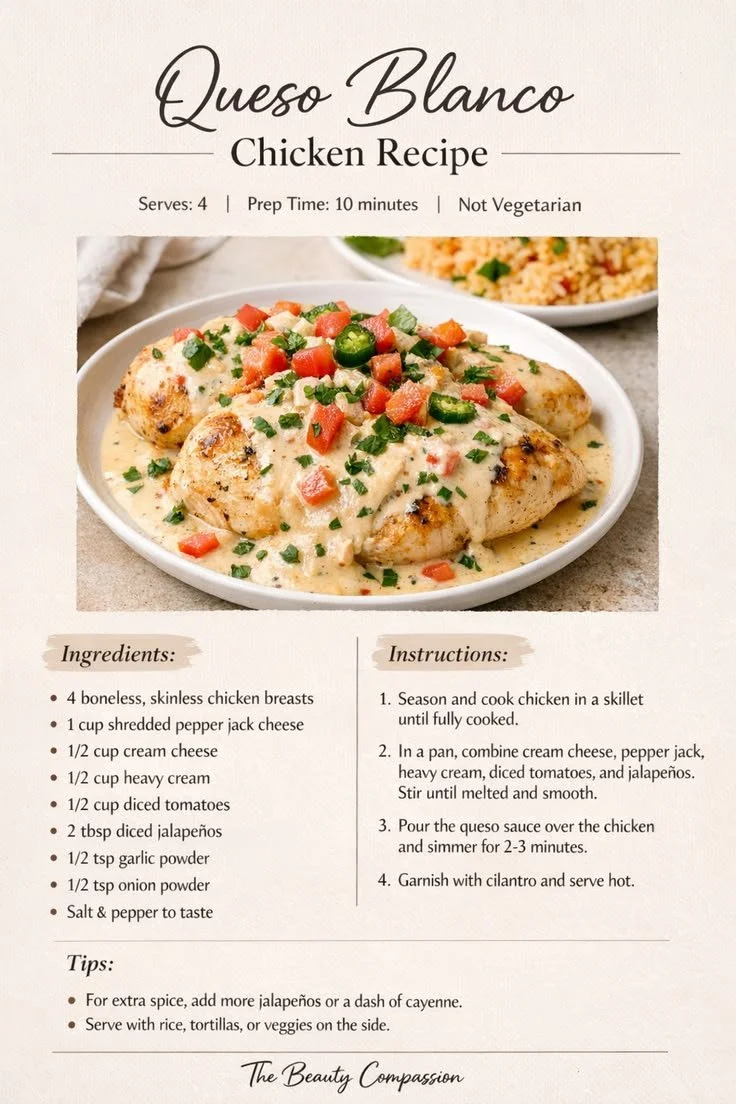 Creamy queso blanco chicken served with rice and vegetables on a plate