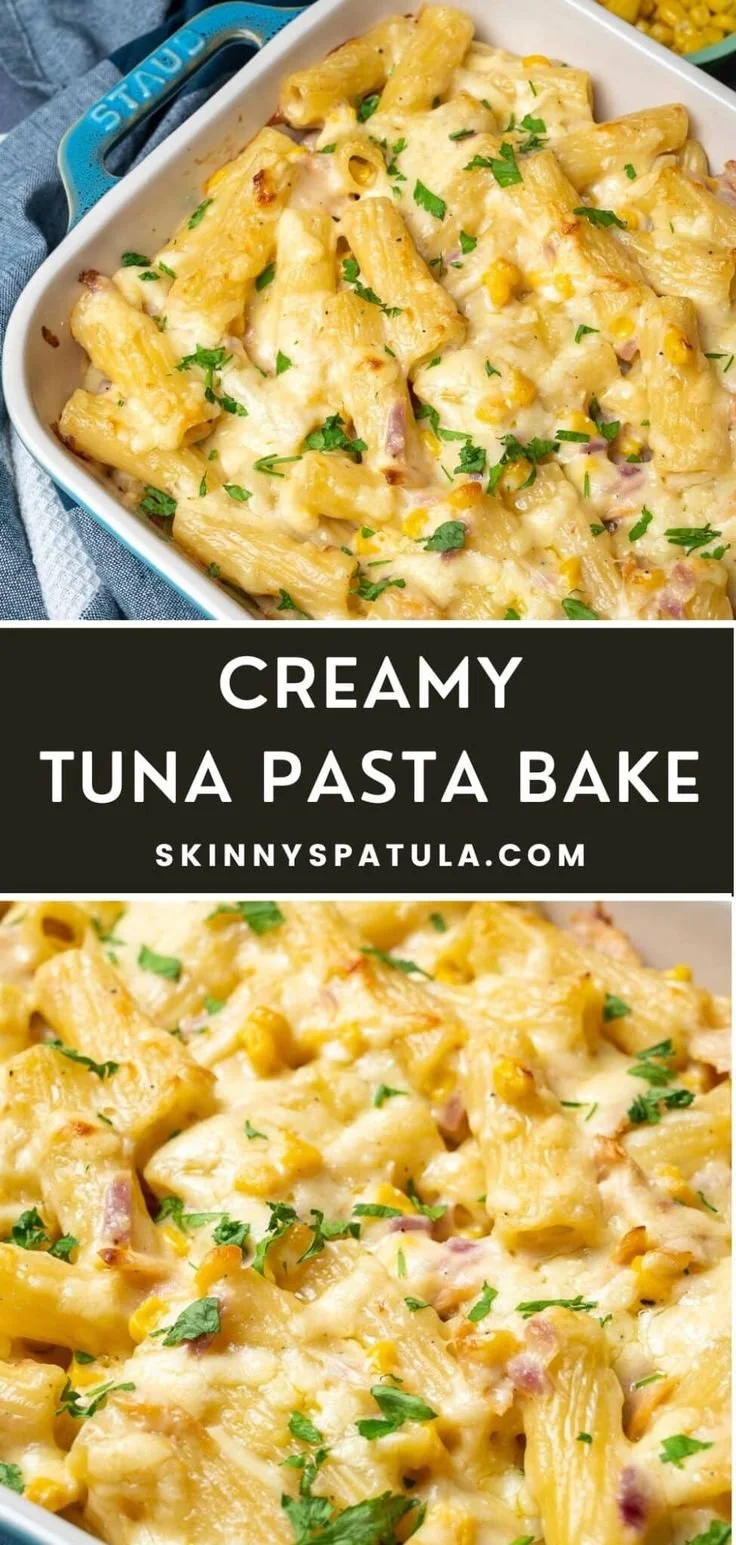 Creamy tuna pasta bake dish served in a casserole with cheese on top