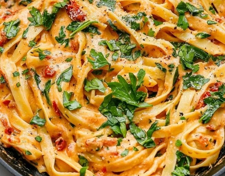 Creamy vegan sun-dried tomato pasta served in a bowl