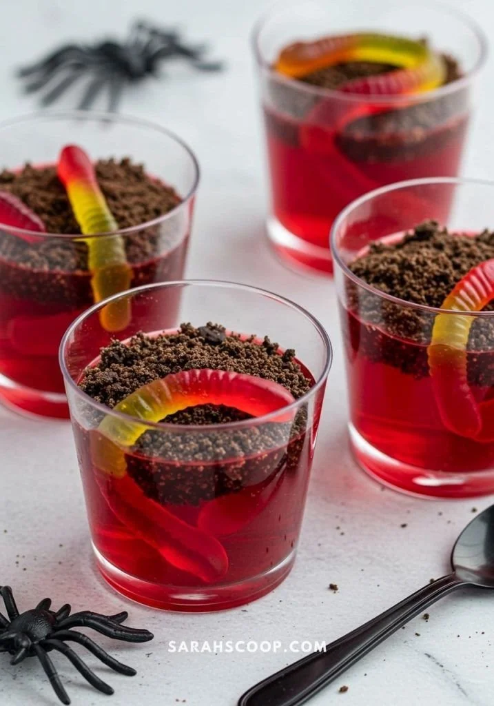 Creepy Crawler Jello Cups with gummy worms and creepy decorations