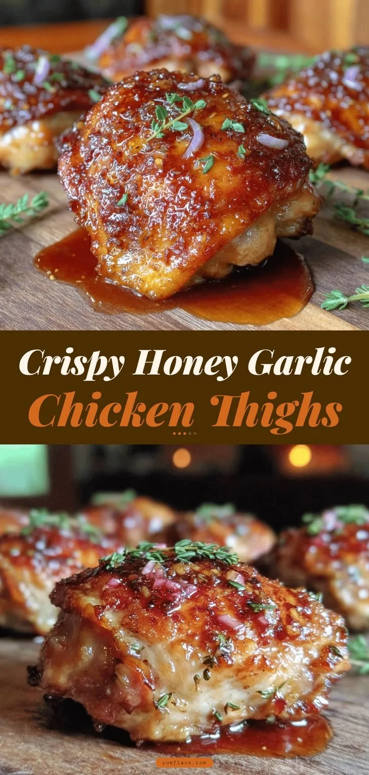 Crispy baked honey garlic chicken thighs plated with vegetables