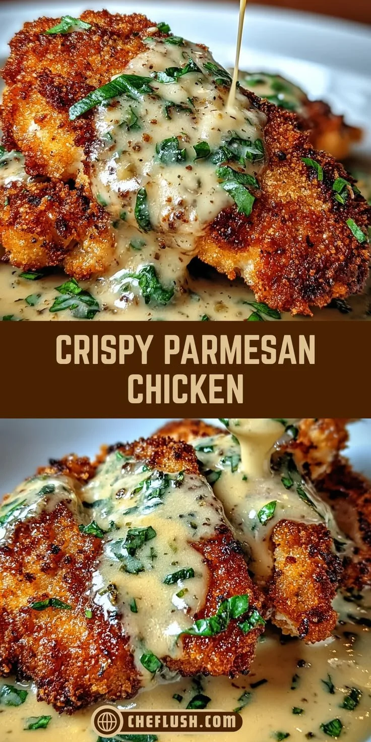 Crispy parmesan chicken served with a rich garlic sauce on a plate