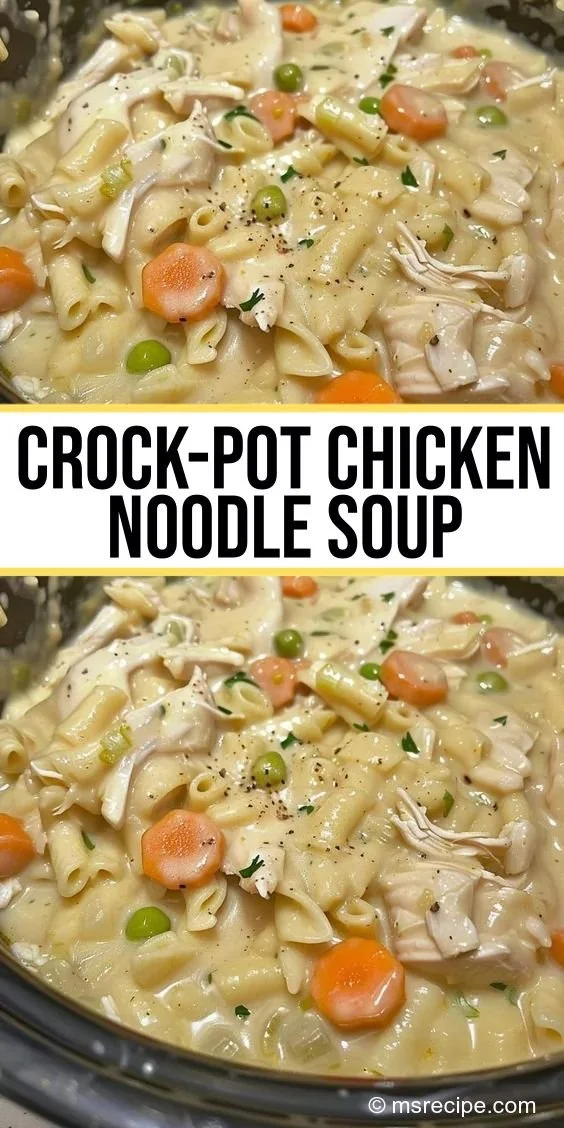 Crock-Pot Chicken Noodle Soup in a bowl, garnished with herbs