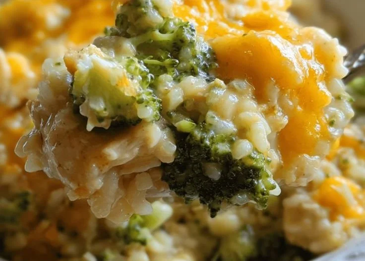 Crockpot cheesy chicken broccoli rice dish with melted cheese and colorful vegetables.