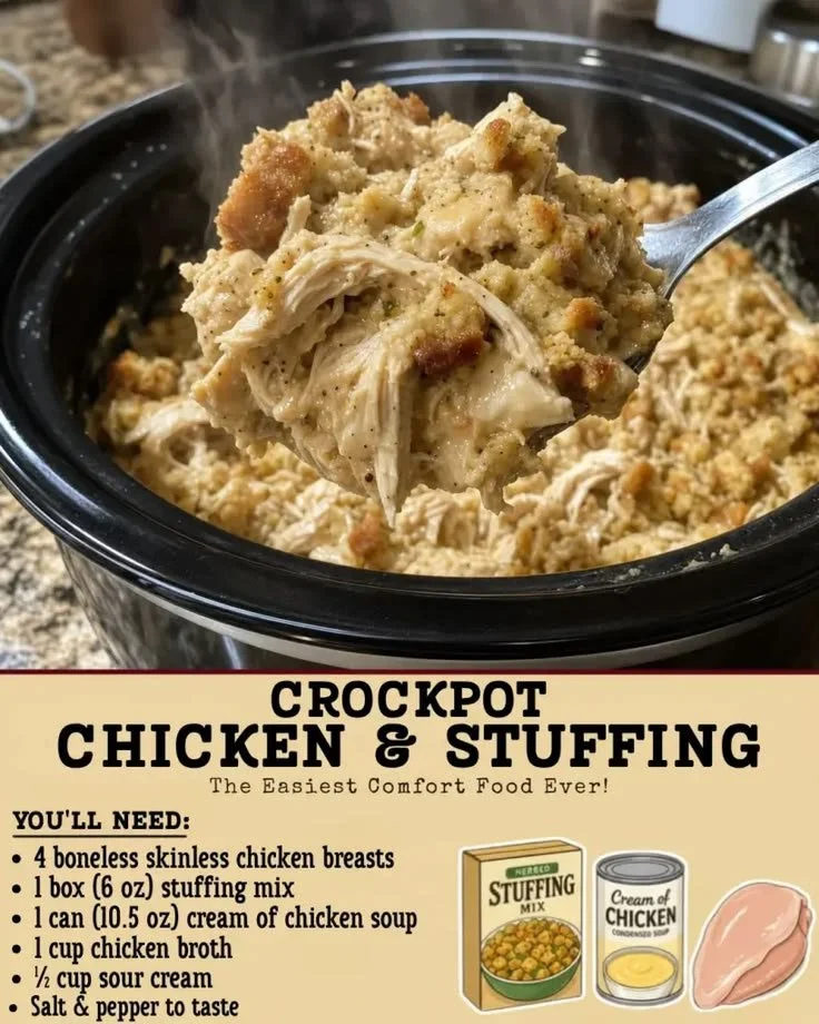 Creamy crockpot chicken and stuffing dish served on a plate
