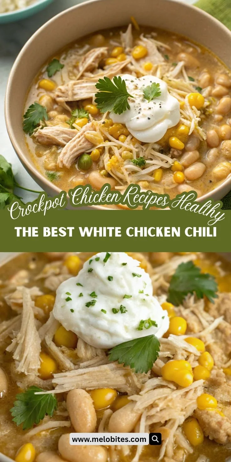 Delicious bowl of white chicken chili in a crockpot, garnished with cilantro.