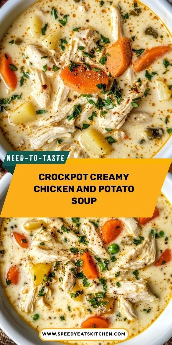 Bowl of creamy chicken potato soup made in a crockpot with vegetables and herbs