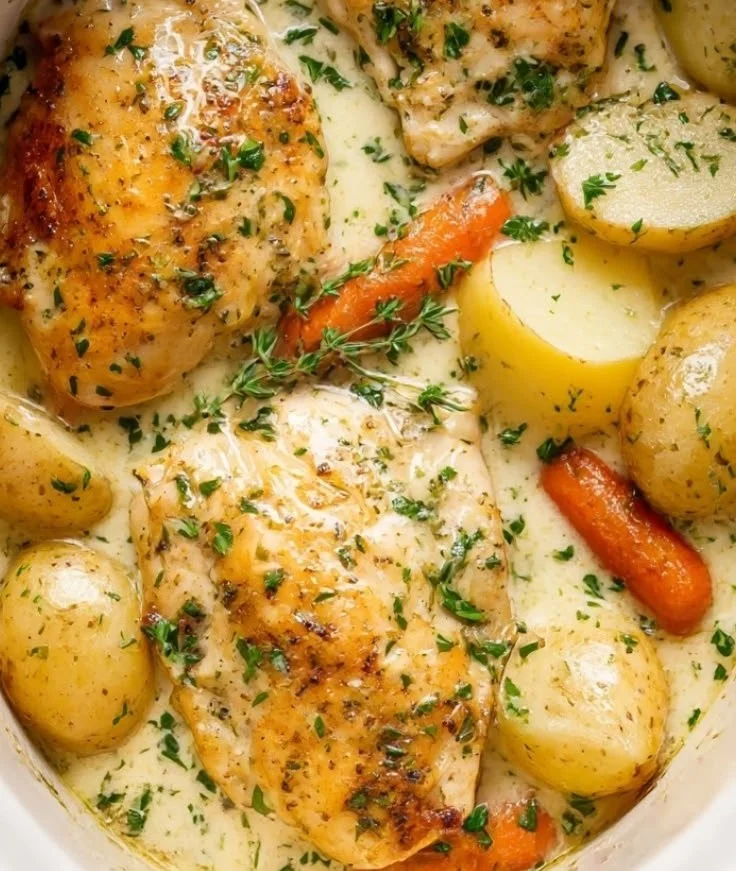 Delicious Crockpot Garlic Butter Chicken served with herbs and spices