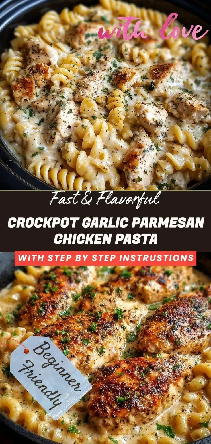 Crockpot garlic parmesan chicken pasta served in a bowl with herbs and spices