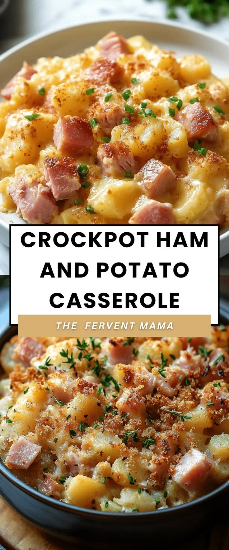 Crockpot ham and potato casserole dish ready to be served