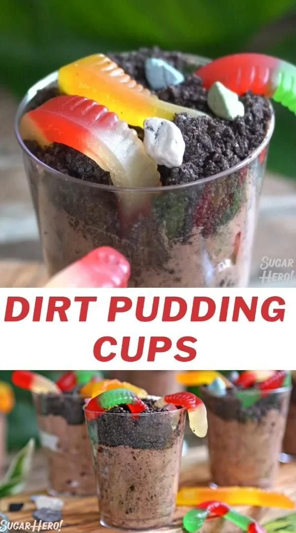 Delicious dirt pudding cups decorated with gummy worms and crushed cookies