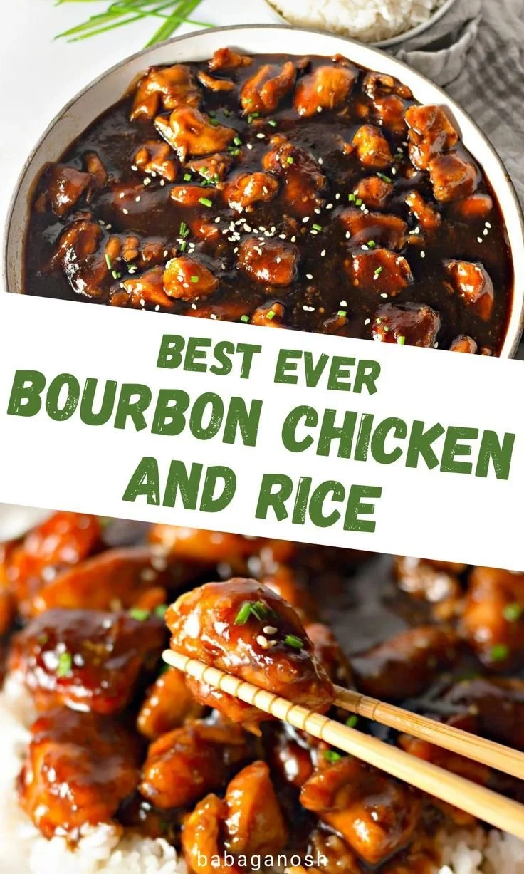 Delicious plate of easy Bourbon Chicken with colorful vegetables and rice.