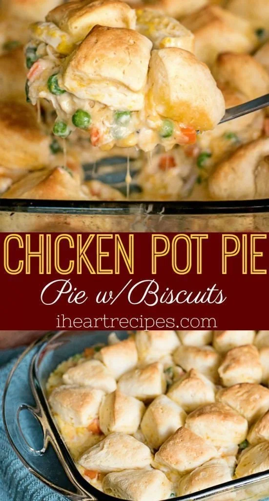 Delicious easy chicken pot pie with biscuits served in a rustic dish