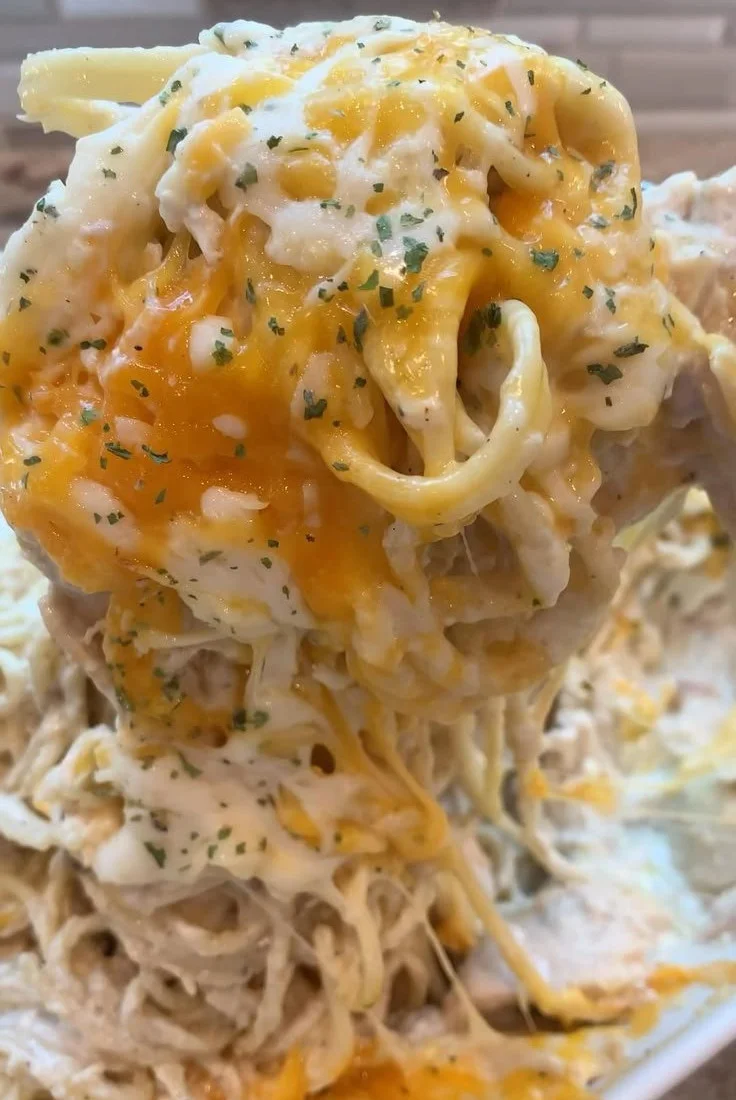 Easy chicken tetrazzini served in a creamy sauce with pasta and vegetables.