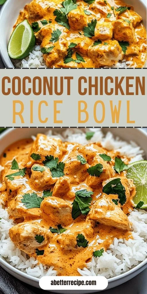 Delicious coconut chicken rice bowl with fresh vegetables and herbs