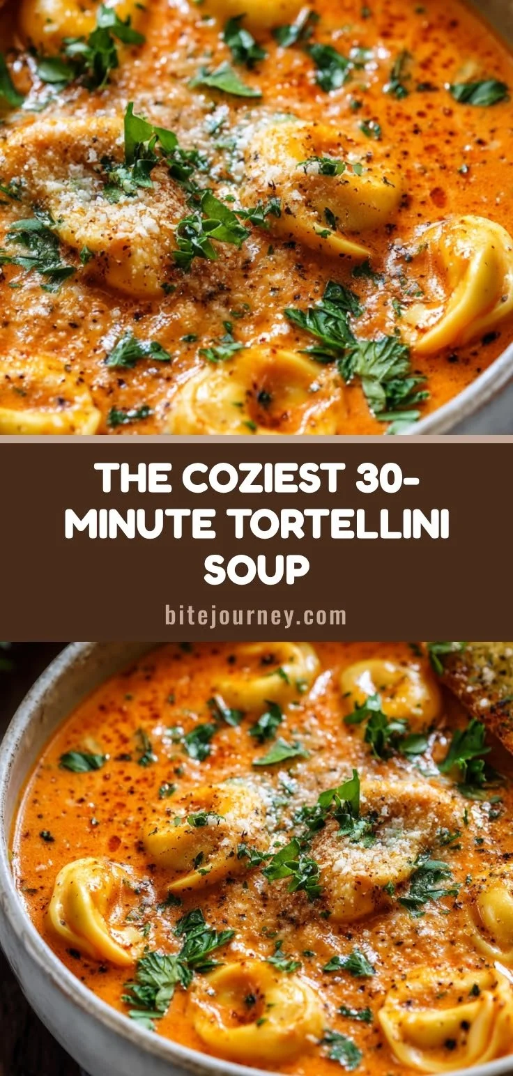 Bowl of creamy tortellini soup garnished with herbs and cheese